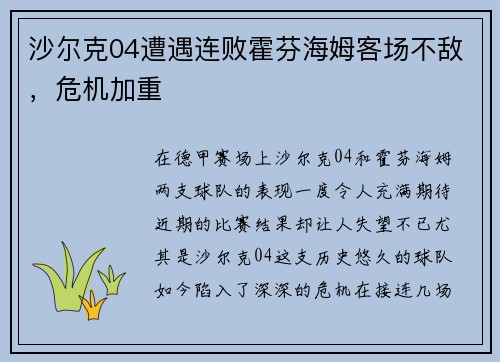 沙尔克04遭遇连败霍芬海姆客场不敌，危机加重