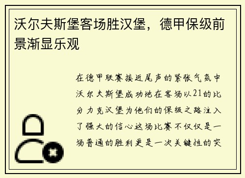 沃尔夫斯堡客场胜汉堡，德甲保级前景渐显乐观